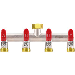 Yayamz front view red splitter showing all four outlets and label, durable multi-hose benefit