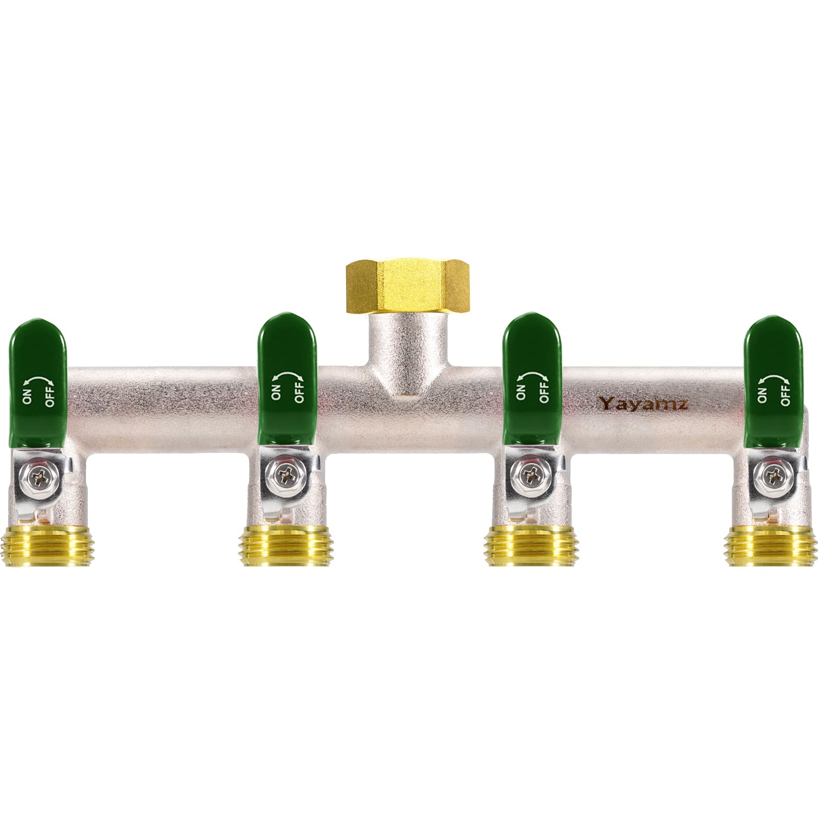 Yayamz front view splitter green showing four outlets and durable build for easy multi-hose use