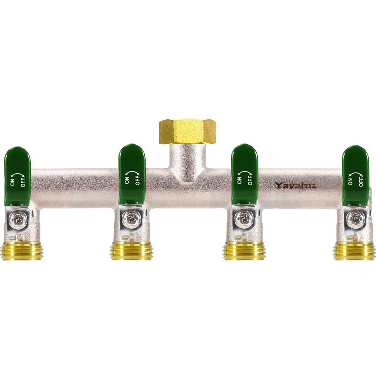 Yayamz front view splitter green showing four outlets and durable build for easy multi-hose use