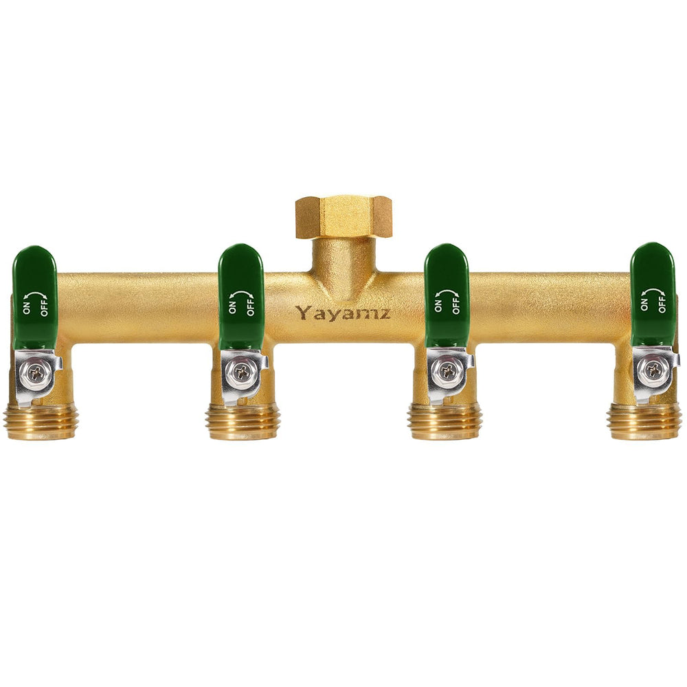 Yayamz front view splitter shows brass body and four outlets for versatile watering
