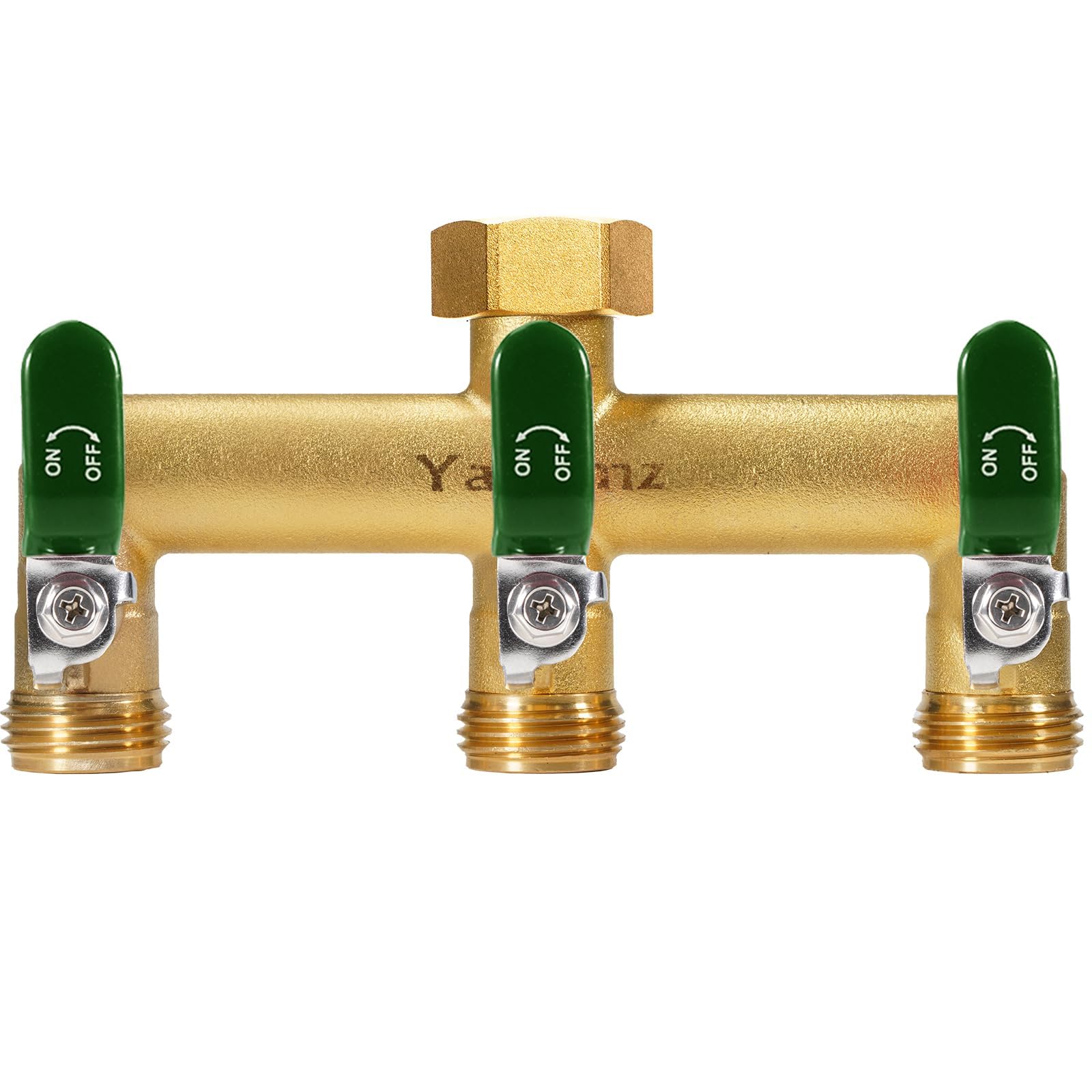 Yayamz front view of brass splitter showing three outlets and levers for reliable control