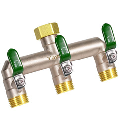 Yayamz front view of brass three-way splitter showing durable construction and easy installation