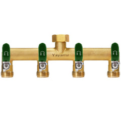 Yayamz front view splitter shows brass body and four outlets for versatile watering