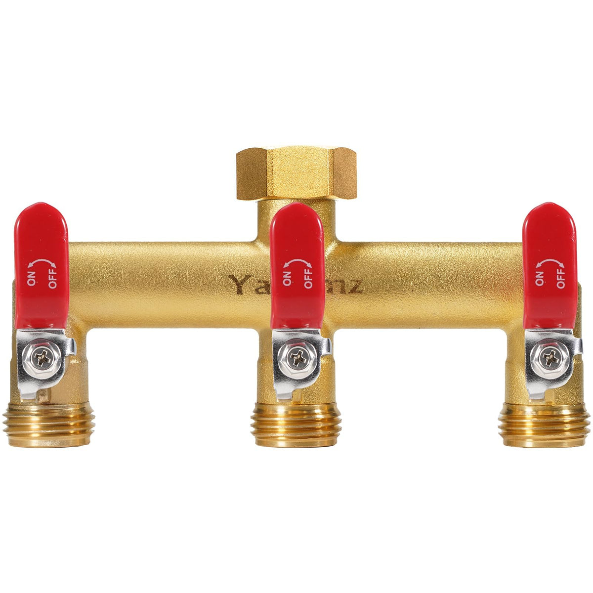 Yayamz front view showing three outlets and sturdy brass body for reliable multitap use