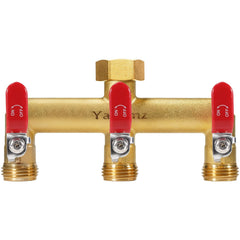 Yayamz front view showing three outlets and sturdy brass body for reliable multitap use