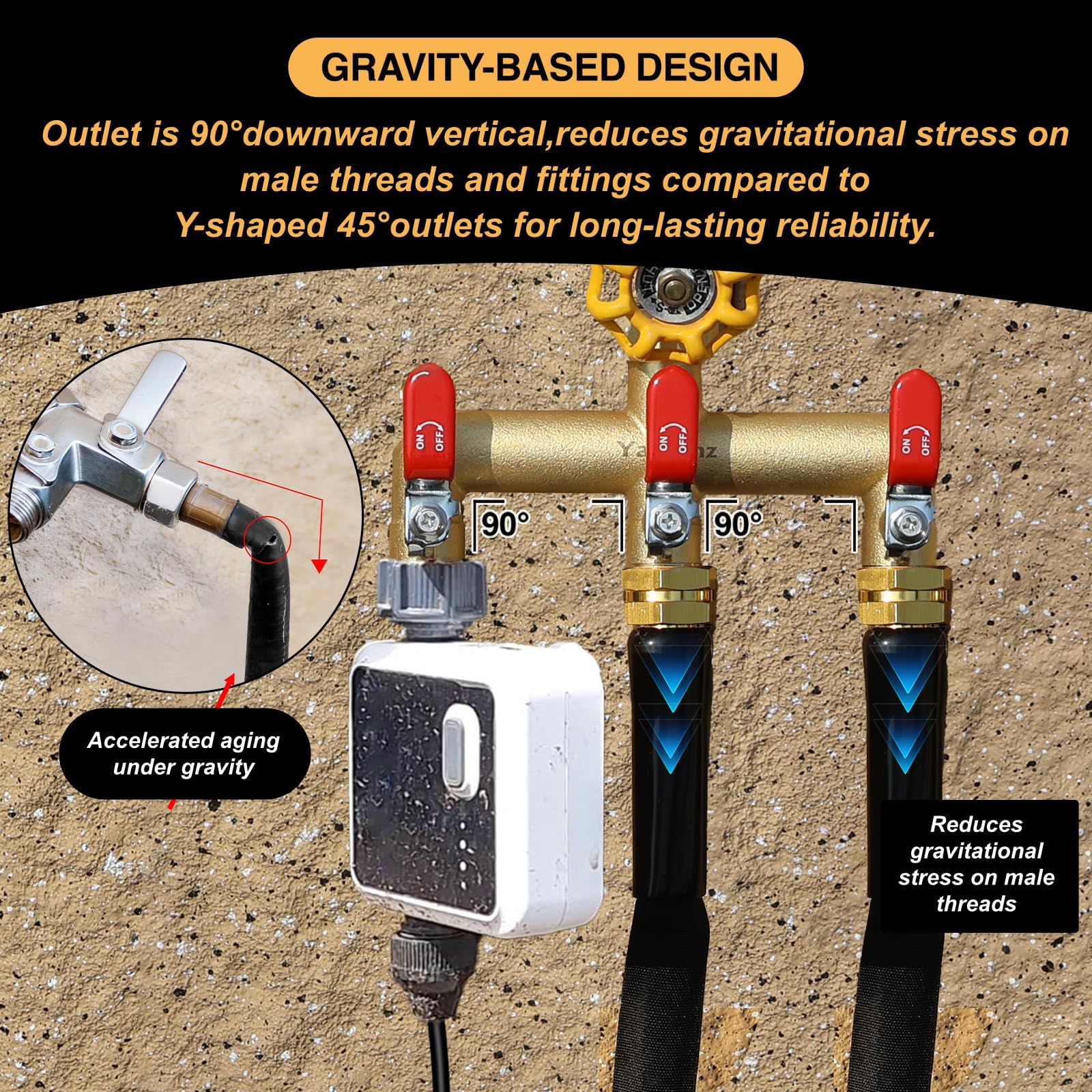 Yayamz connected to garden faucet powering three hoses for efficient outdoor work