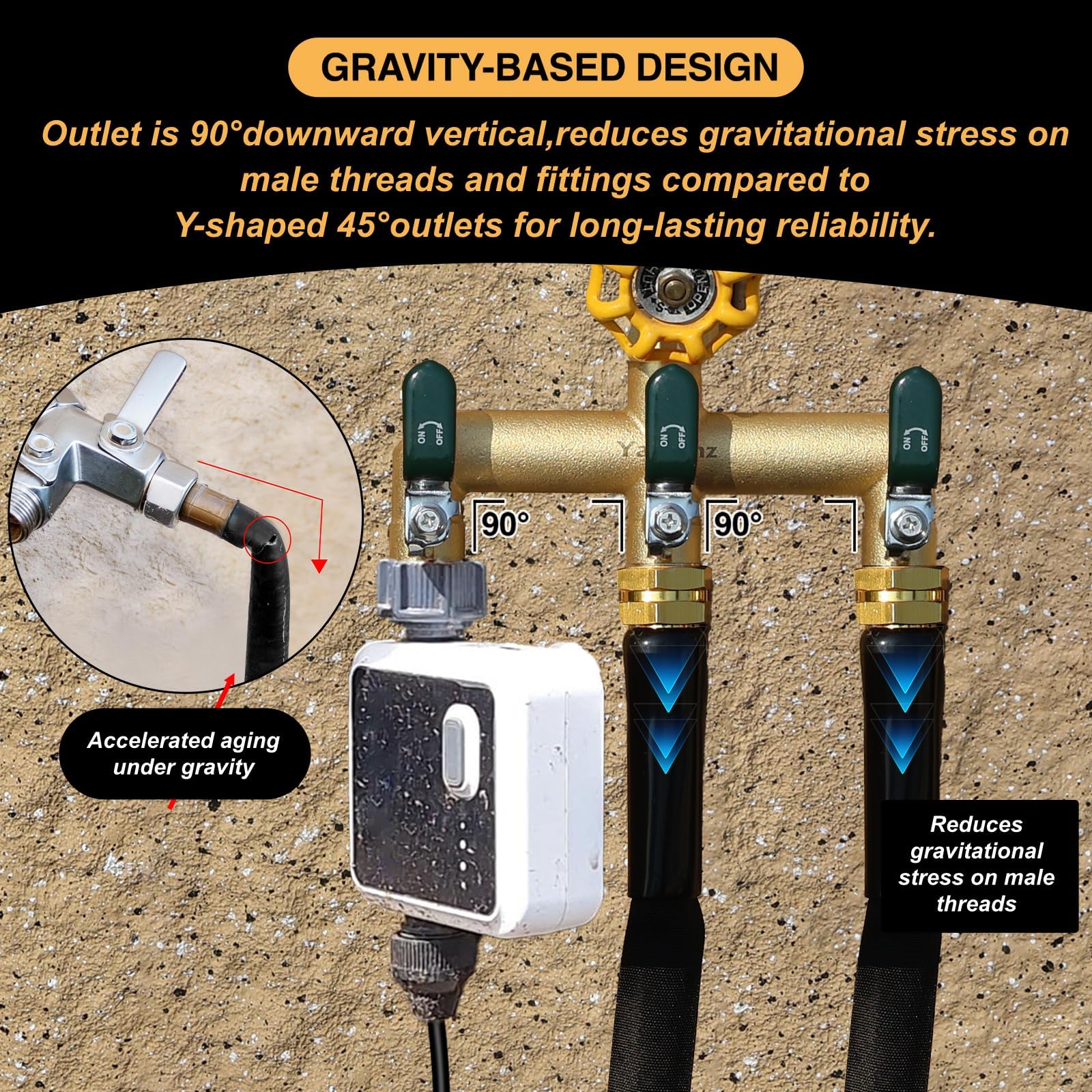 Yayamz installed on outdoor faucet proving easy attachment and stable vertical alignment