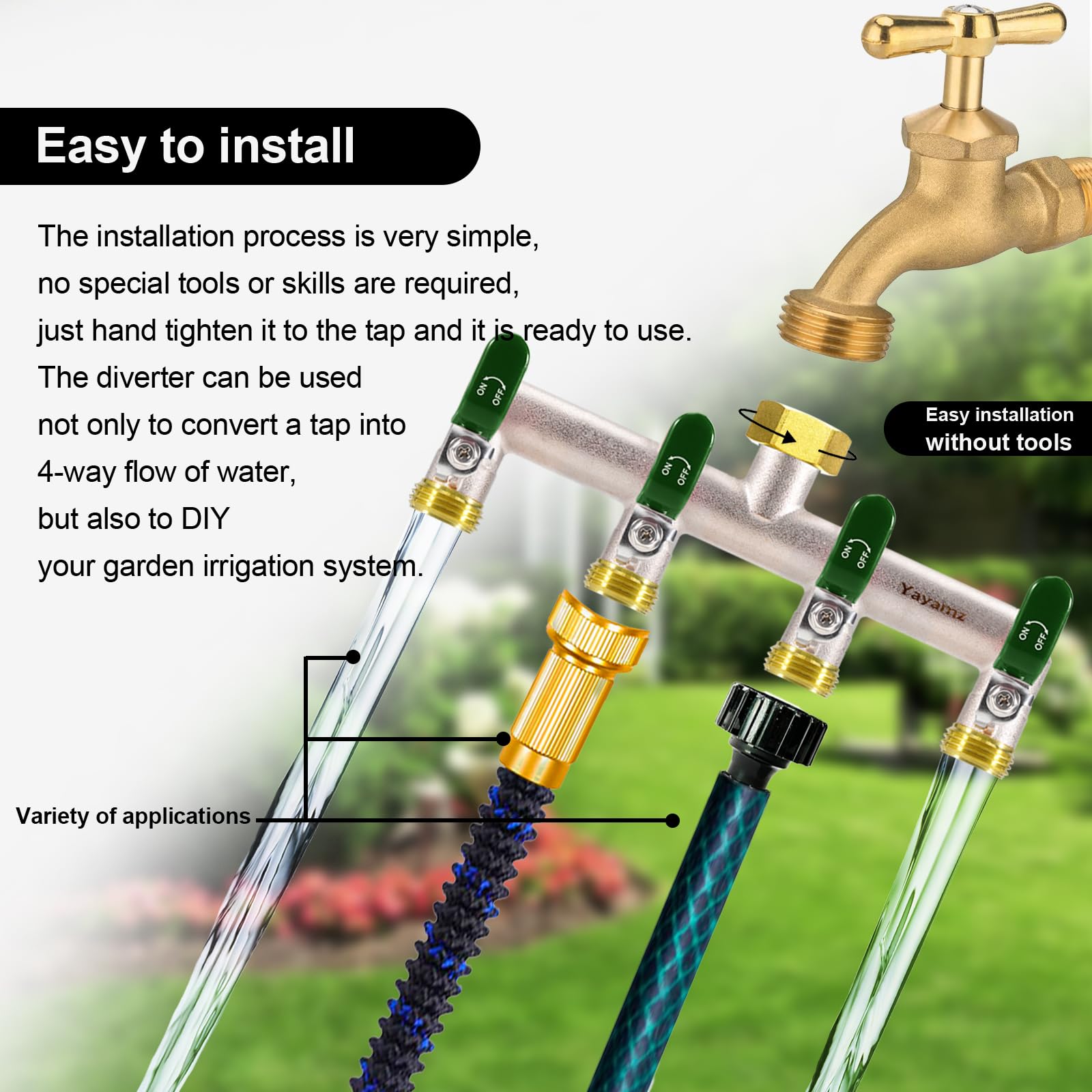 Yayamz lifestyle garden installation showing mounted splitter enabling multi-zone watering convenience