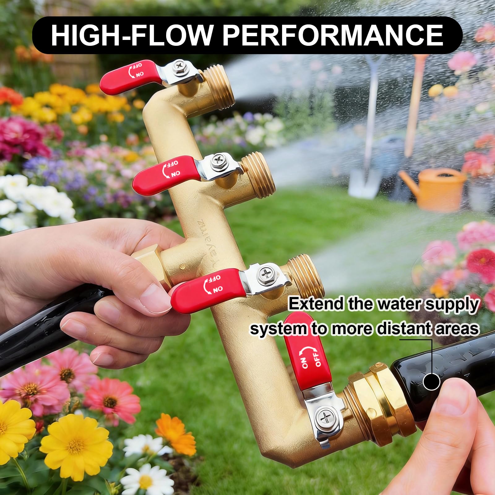 Yayamz next to garden hose for scale showing compact design and heavy-duty build