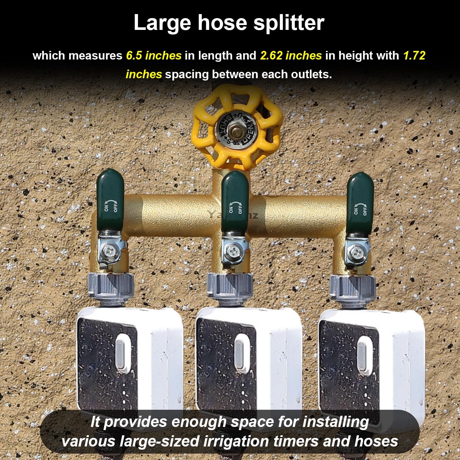 Yayamz side profile showing 1.77-inch outlet spacing for multiple timers and large couplings