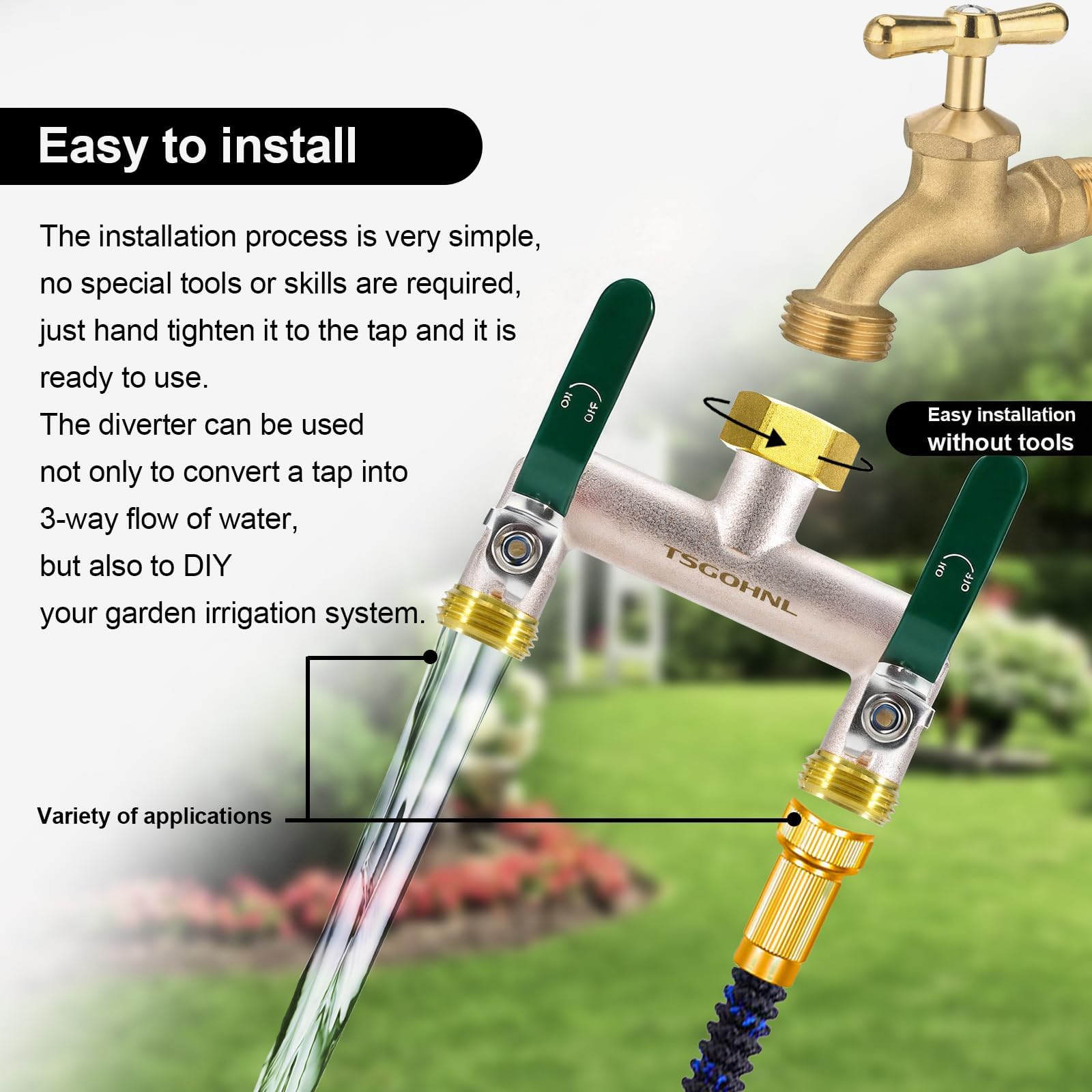 Yayamz splitter in a garden setting with hoses and sprinkler showing multi-zone watering convenience