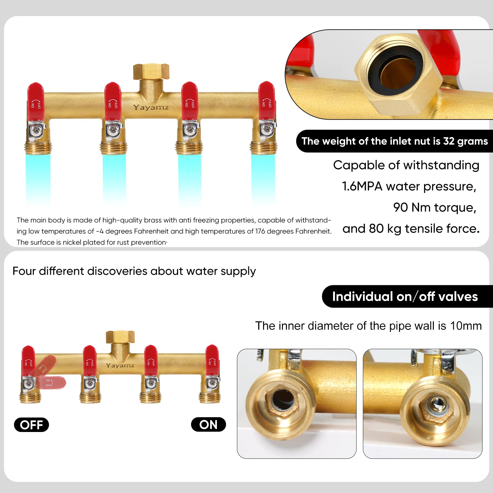 Yayamz side image showing spout spacing to fit multiple timers and large hose fittings