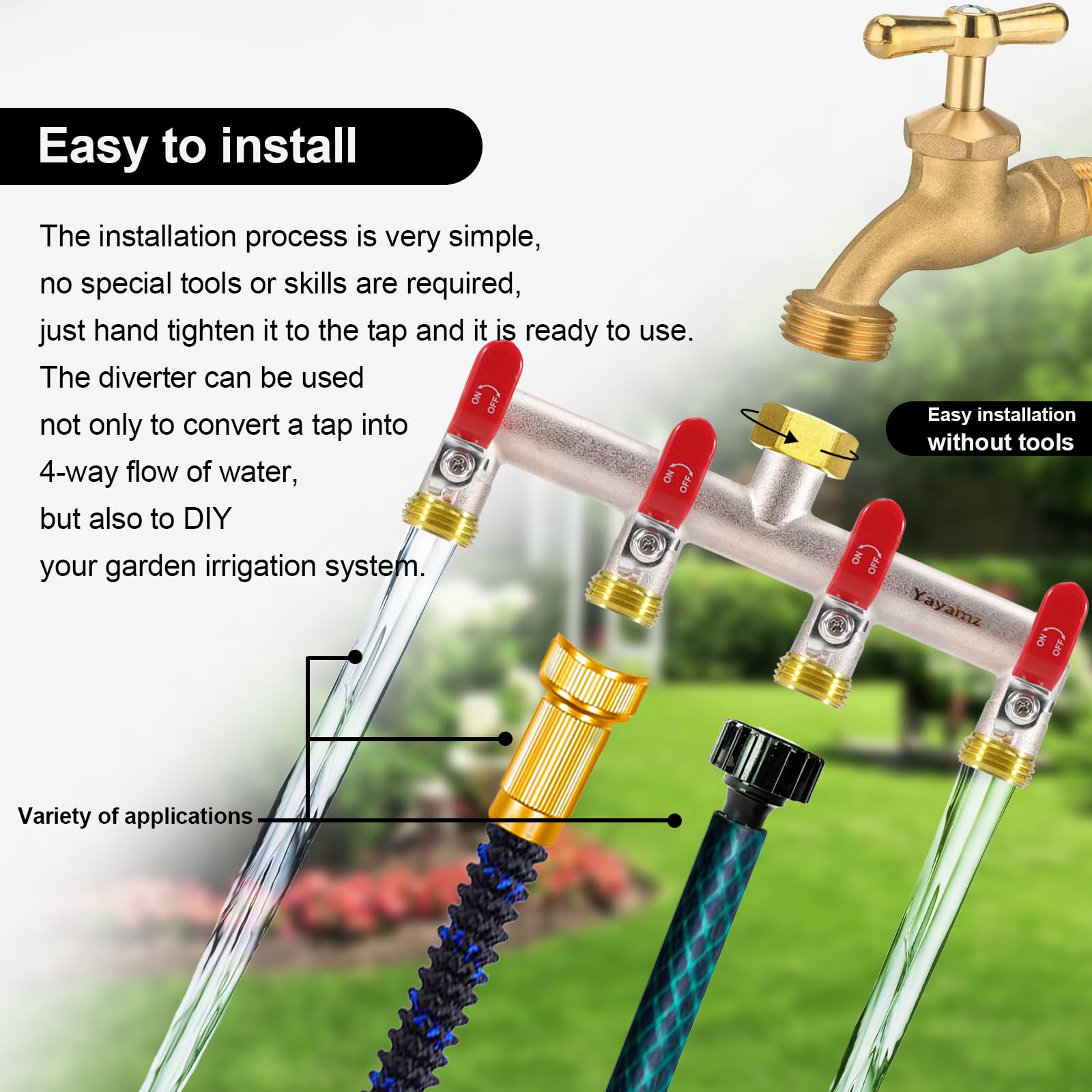 Yayamz lifestyle garden watering setup showing multiple hoses active and time-saving benefit
