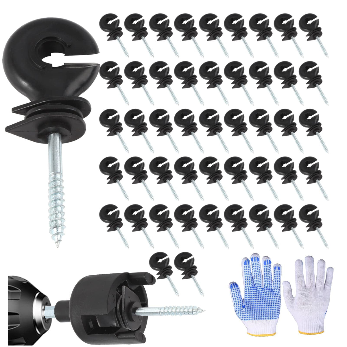 YCFERESY kit front view showing 100 insulators and accessories for quick installation