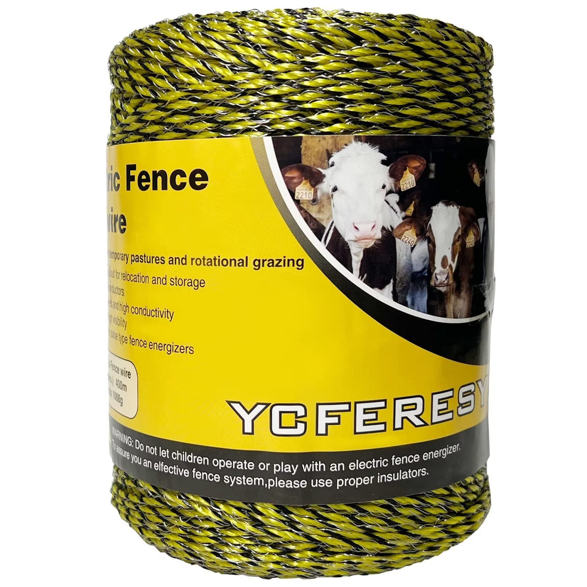 YCFERESY spool front view showing portable polywire and clear labeling for quick setup