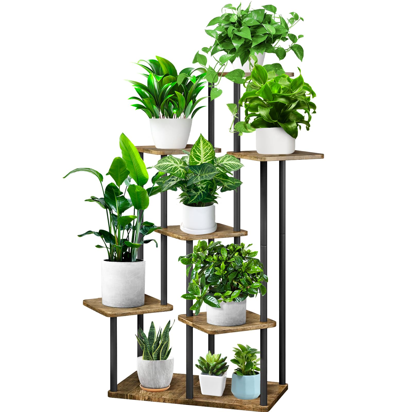 YOCOMEY front view of 7 tier plant stand showing organized pots and space savings