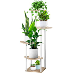 YOCOMEY front view of white and oak corner plant stand showing space-saving benefit
