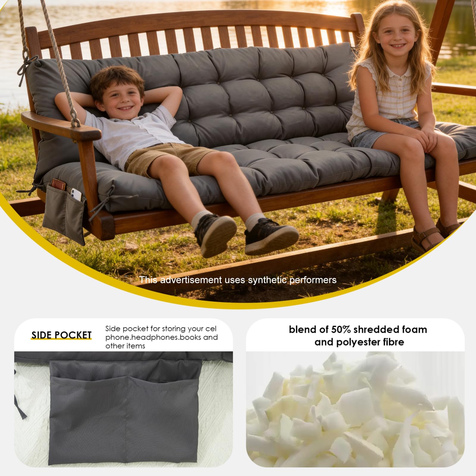 Yddsky cushion installed on porch swing illustrating comfort and outdoor relaxation benefit