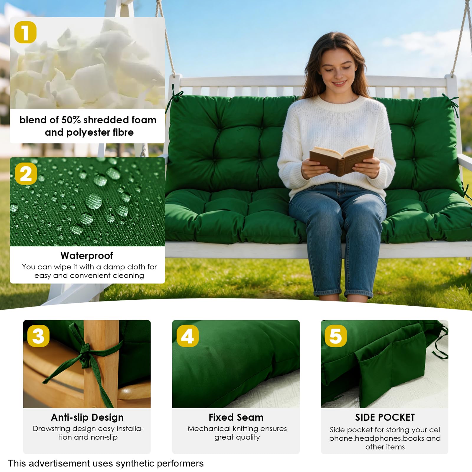 Yddsky cushion placed on wooden porch swing showing comfortable outdoor use
