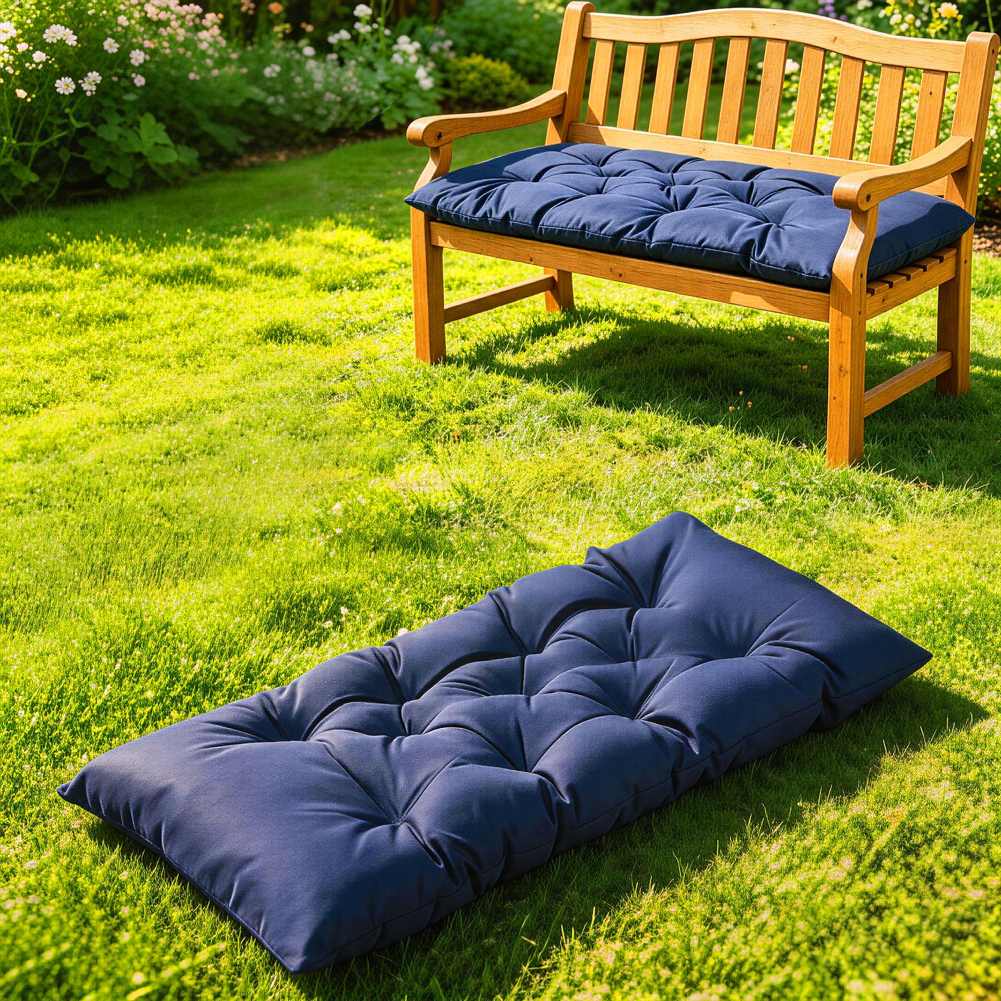 Yddsky navy bench cushion front view showing neat finish and color benefit: instant comfort