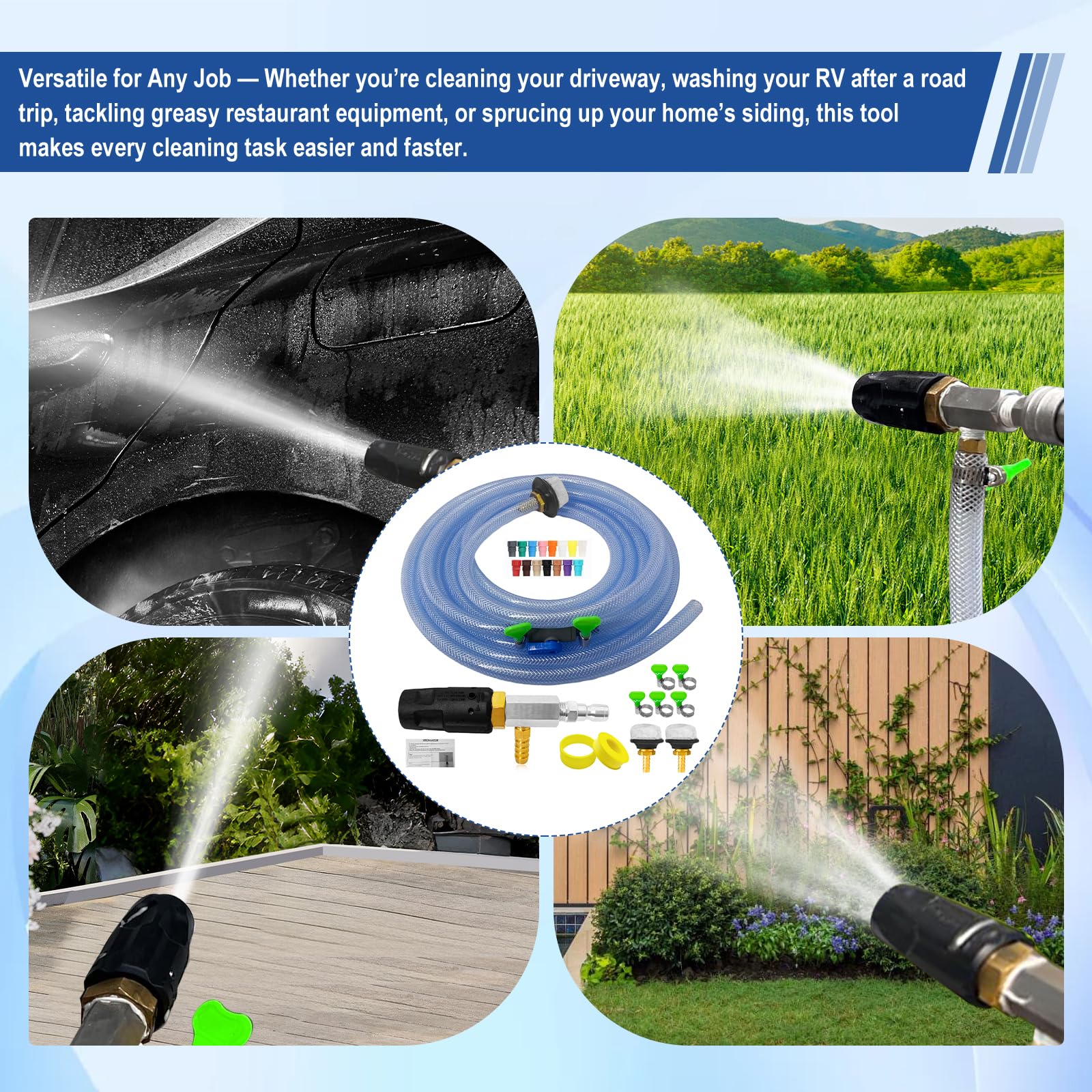 YDHFTYS nozzle spraying a wide fan to rinse siding faster and with less effort