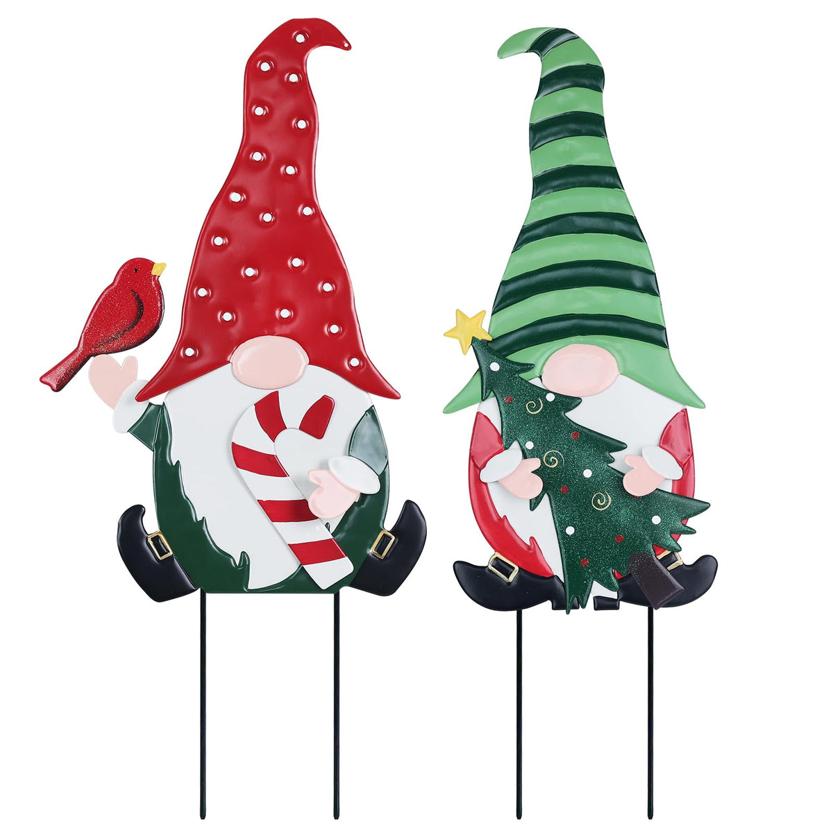 YEAHOME front view of two gnome stakes adding festive curb appeal