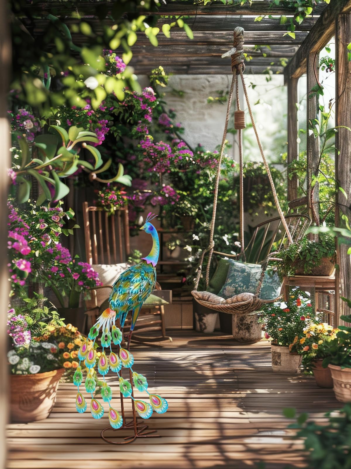 YEAHOME peacock on patio near seating demonstrating curb appeal and colorful accent
