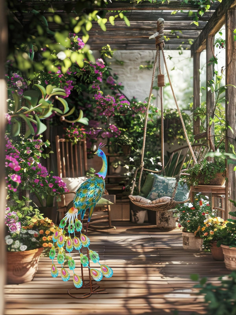 YEAHOME peacock on patio near seating demonstrating curb appeal and colorful accent