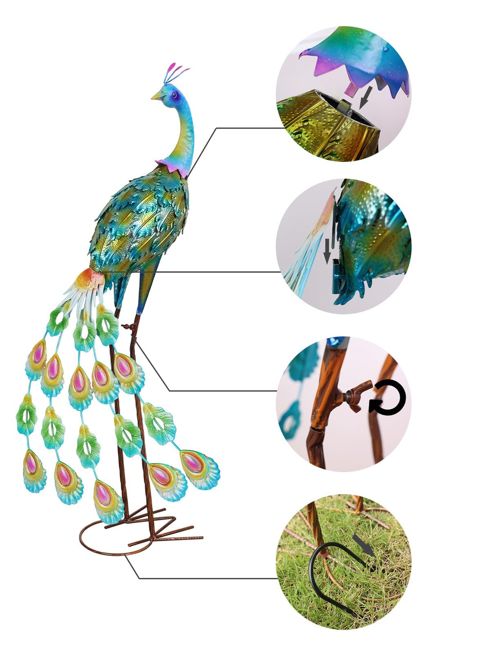 YEAHOME peacock beside garden tools to show 34-inch scale and placement ideas