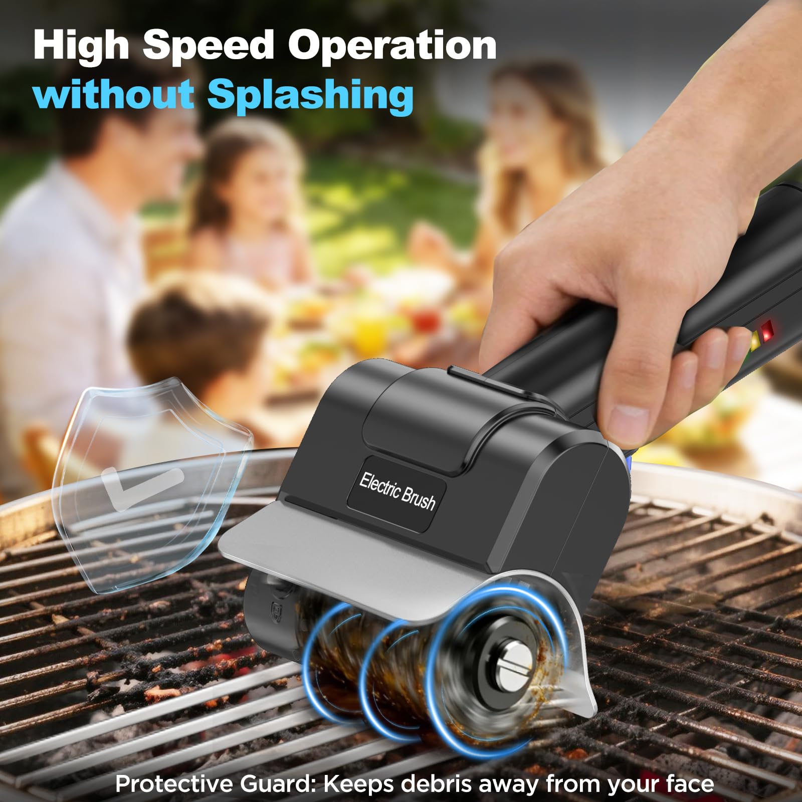 YEBLEM brush in use removing char from grill grate for faster cleanup