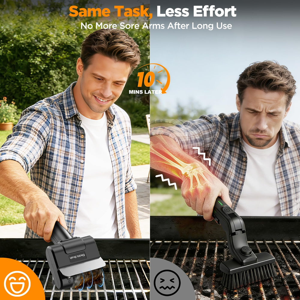YEBLEM close-up of 304 stainless steel brush head removing char — durable cleaning benefit