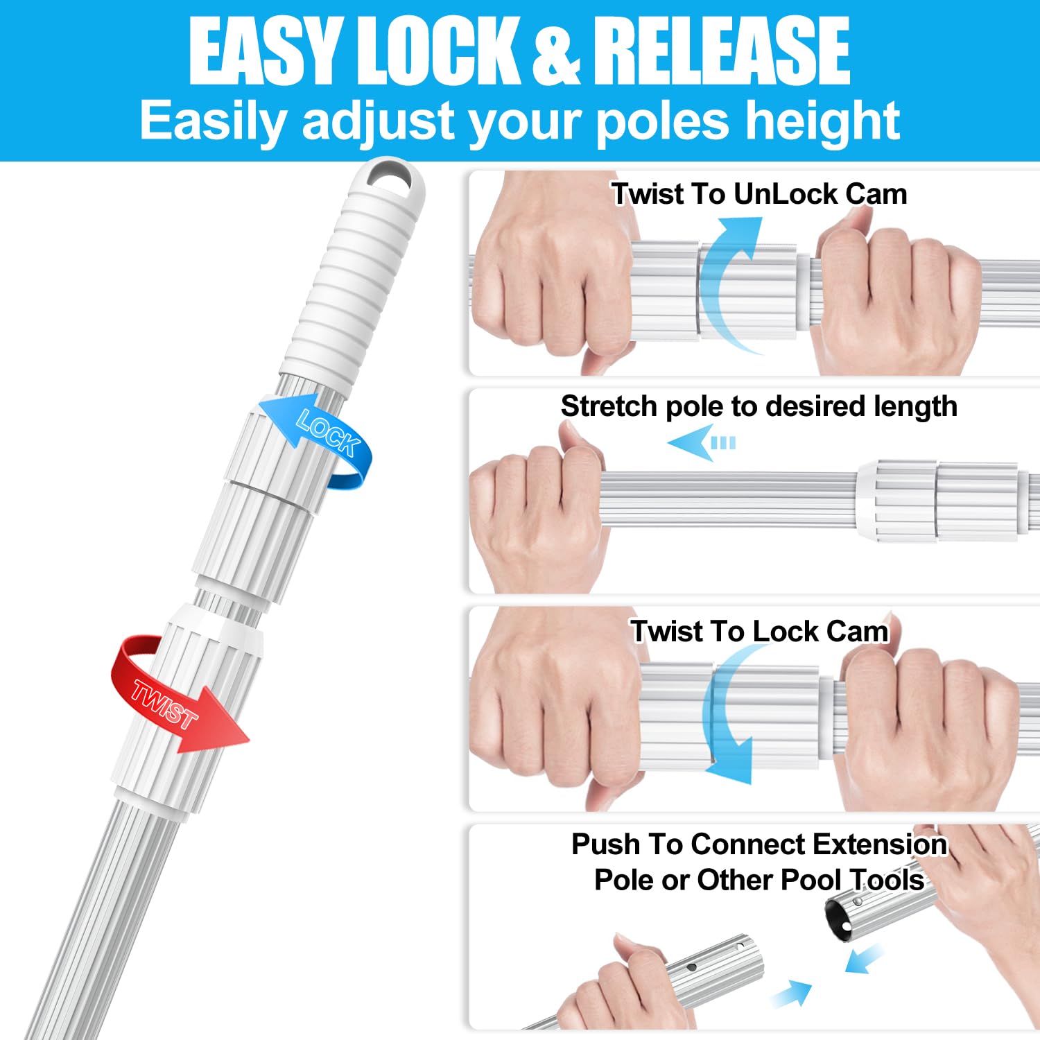 YEECHUN pole in use cleaning pool from deck providing extended reach advantage