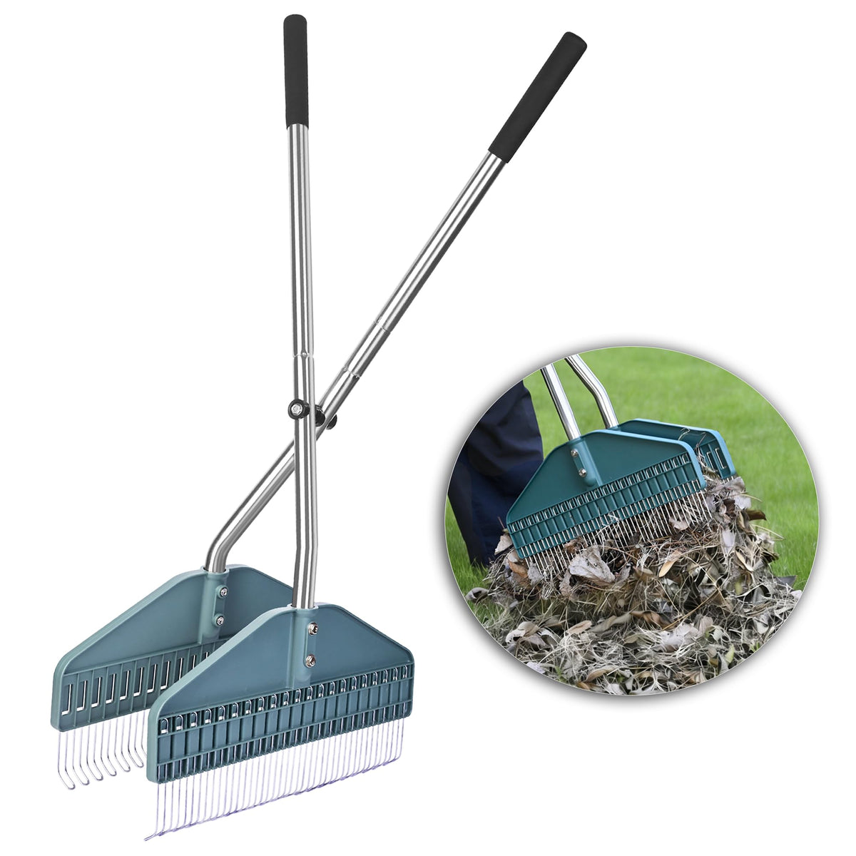 YEELOR front view of assembled leaf grabber showing full tool and benefits