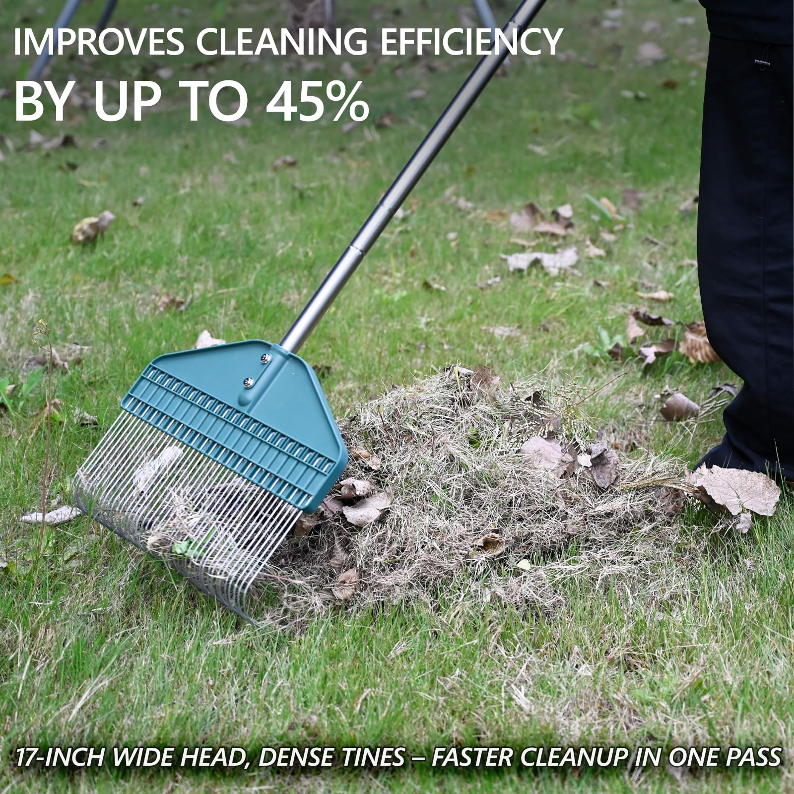 YEELOR rake being used on grass showing quick thatch and debris removal benefit