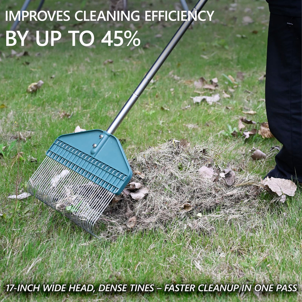 YEELOR rake being used on grass showing quick thatch and debris removal benefit