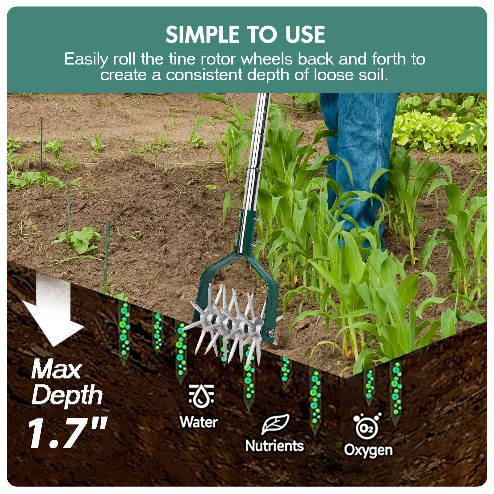 YEELOR cultivator beside ruler showing 57-inch scale for correct sizing