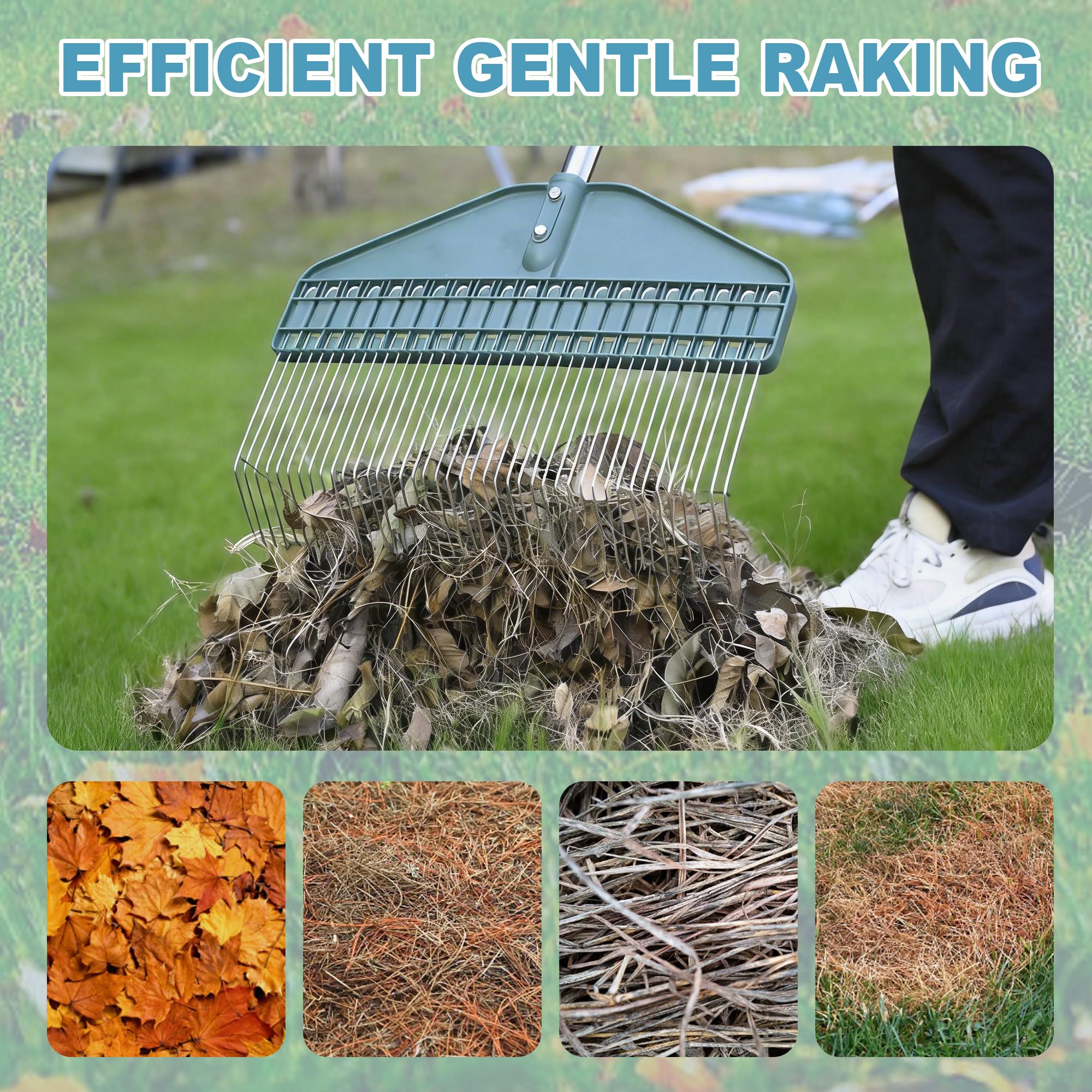 YEELOR rake in use removing pine needles quickly for cleaner lawn appearance