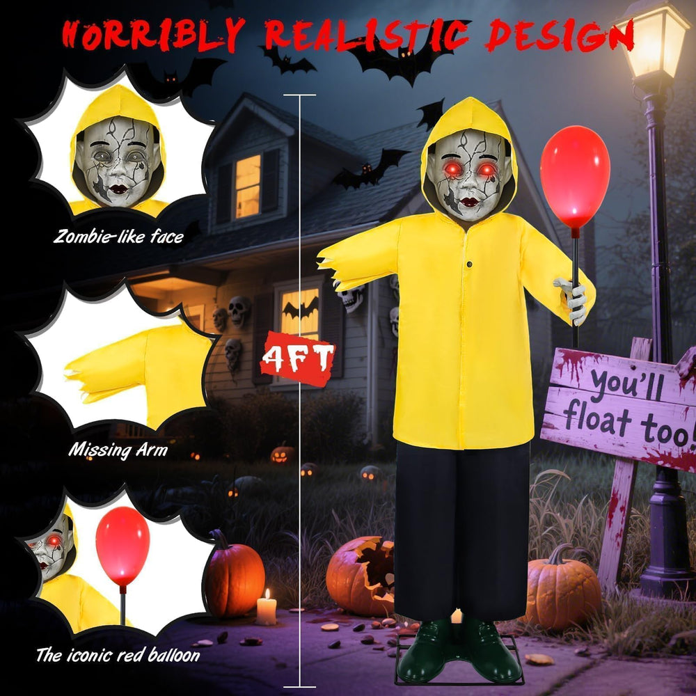 Yeenuo close up of glowing red eye and balloon, creates dramatic scares