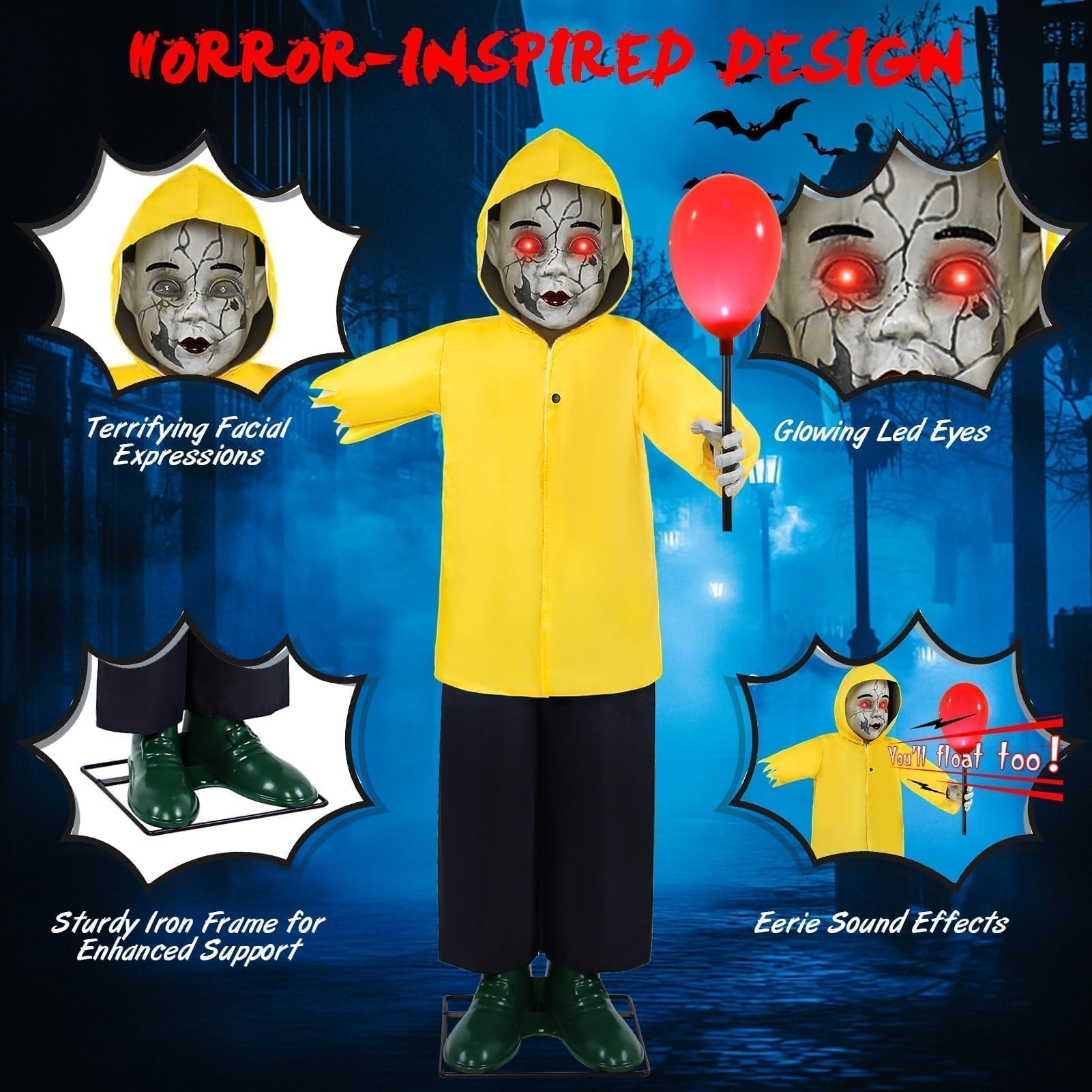 Yeenuo animatronic on porch at night, enhances Halloween atmosphere