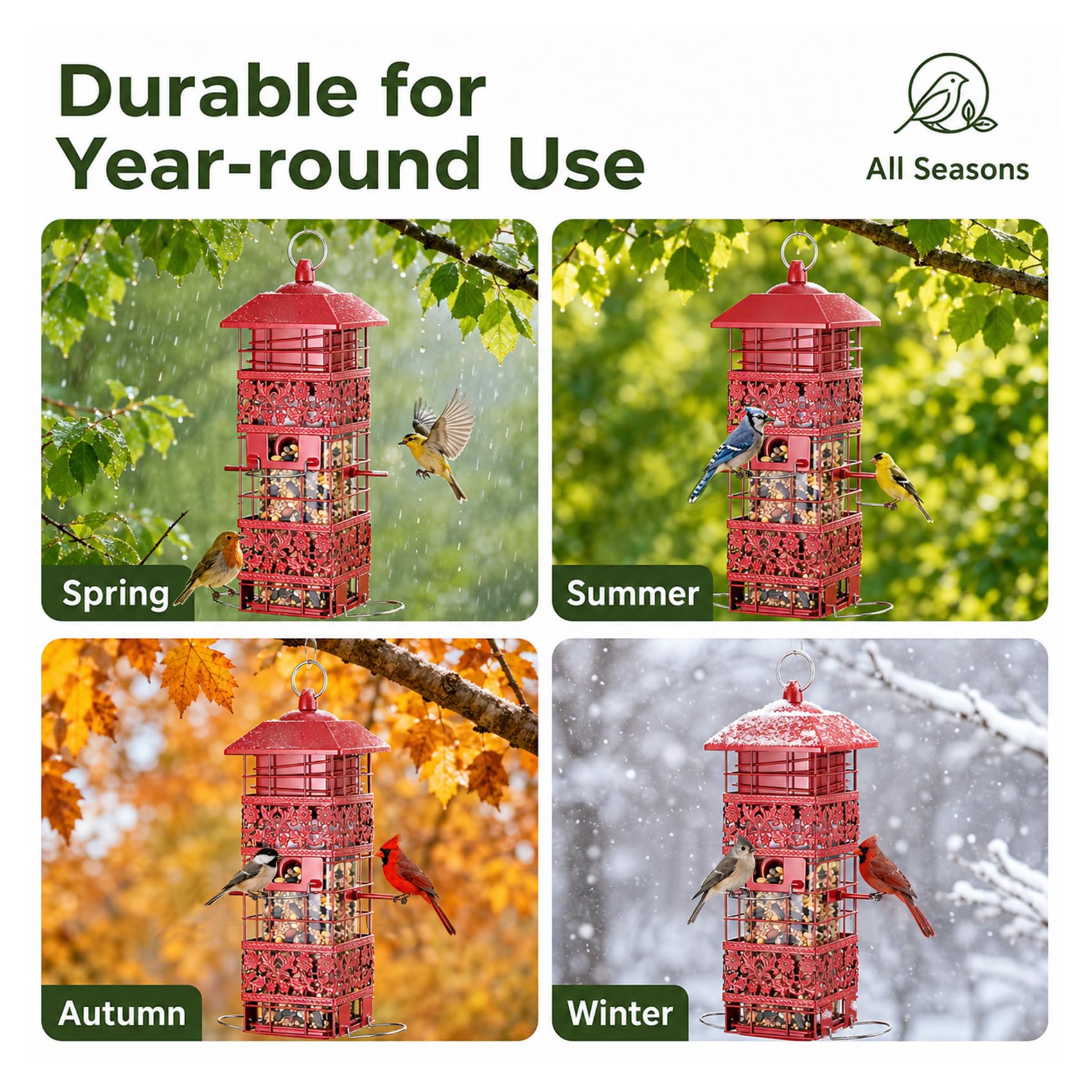 Yeeweek feeder with finches feeding peacefully showing attraction of small songbirds