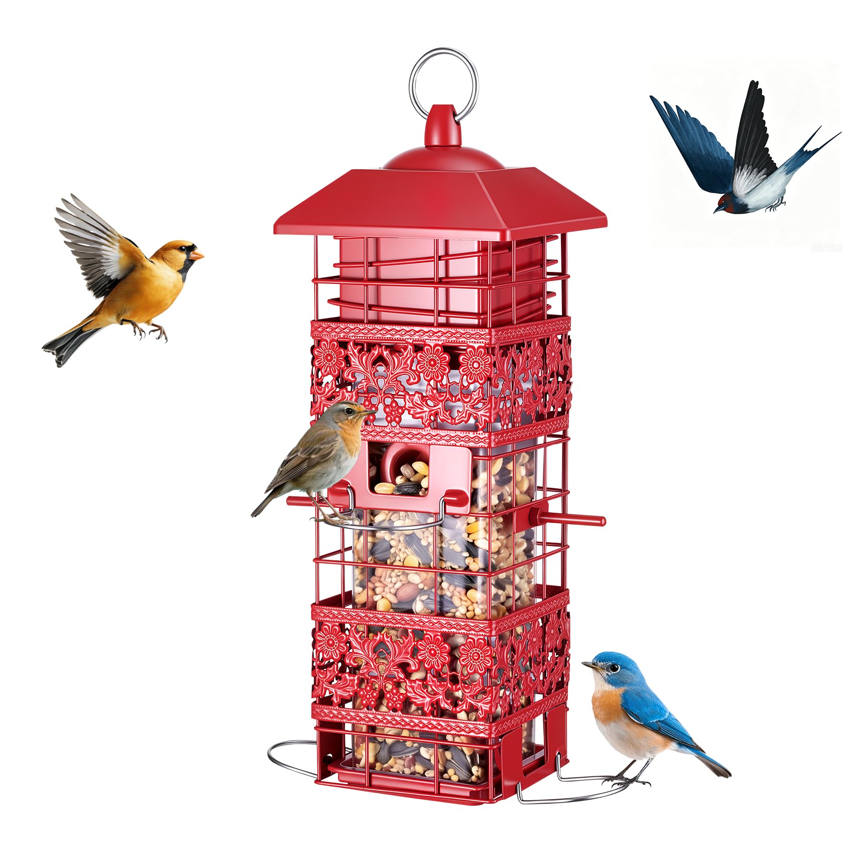 Yeeweek front view of hanging bird feeder showing ports and perches, encourages calm backyard viewing