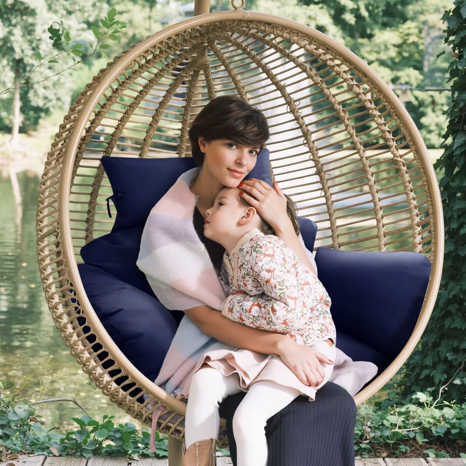 Yefound cushion installed in hanging egg chair showing secure fit and comfort