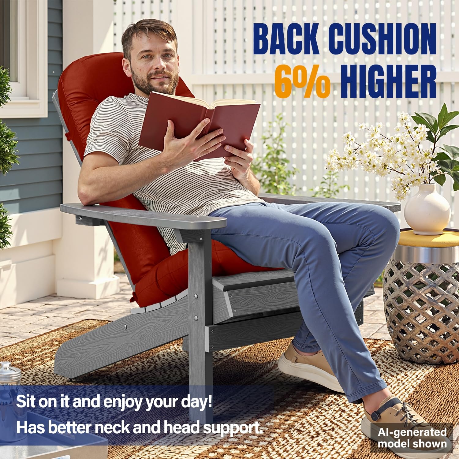 YEFU cushion placed on patio Adirondack chair demonstrating outdoor use