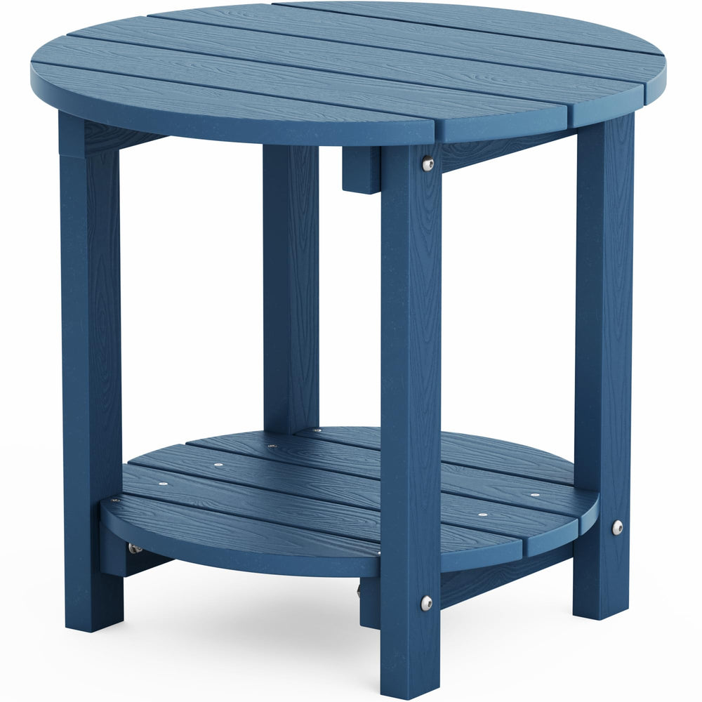 YEFU front view of navy blue Adirondack side table showing sturdy tabletop and style benefit