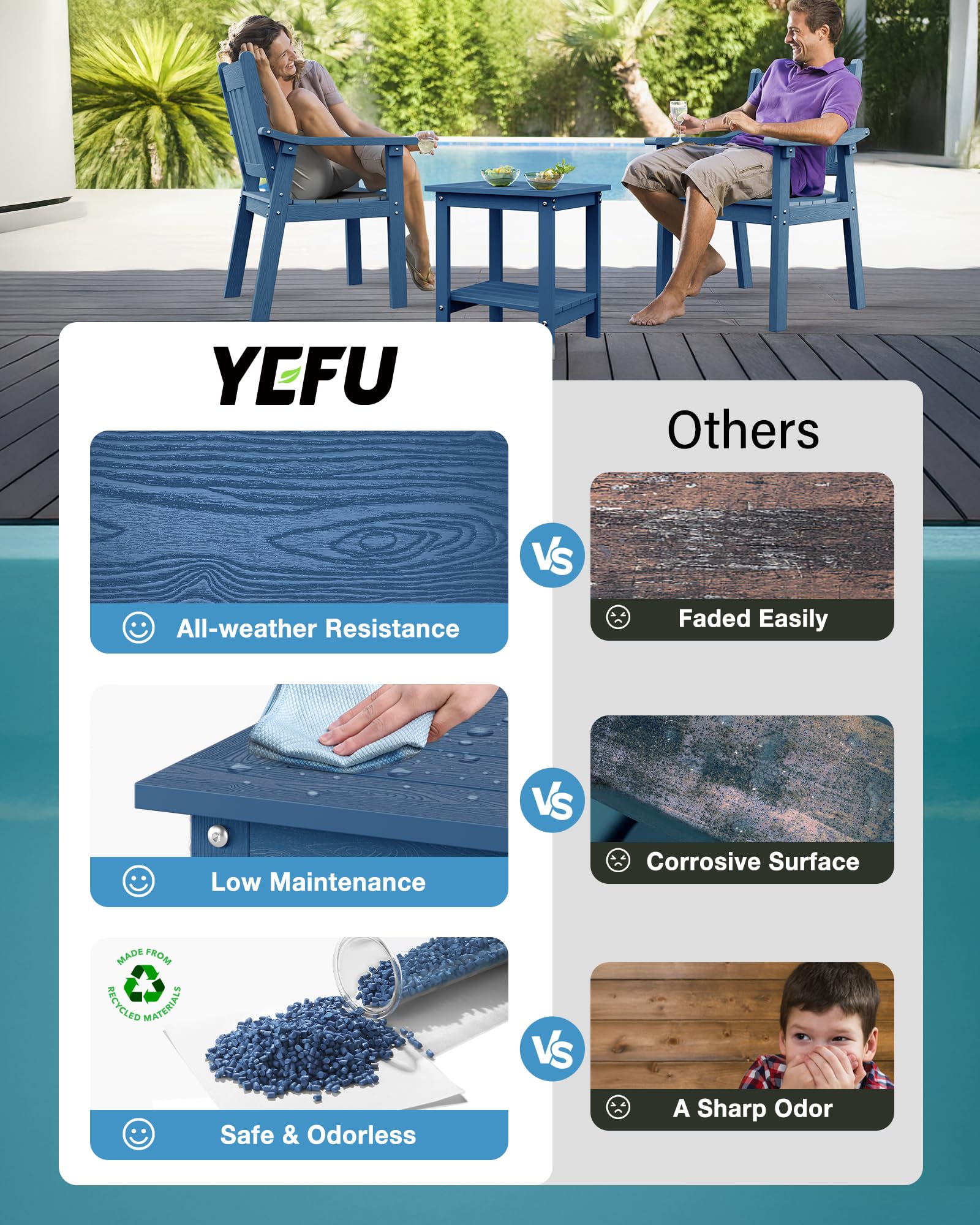 YEFU table with drink for scale showing 16x16 size and stable support