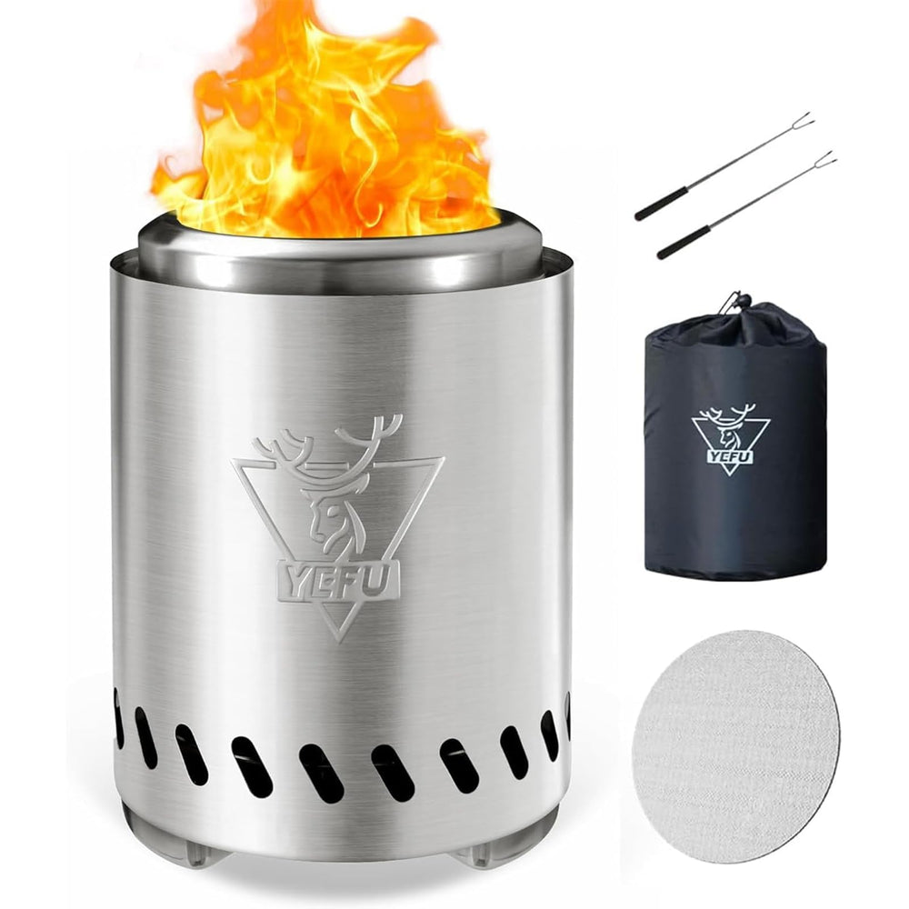 YEFU front view silver tabletop fire pit showing compact design and clean burn