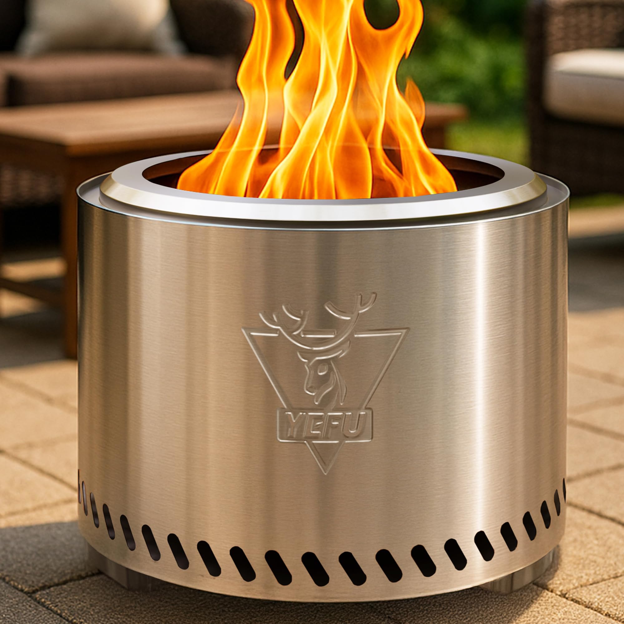 YEFU front view stainless fire pit showing clean design and efficient burn