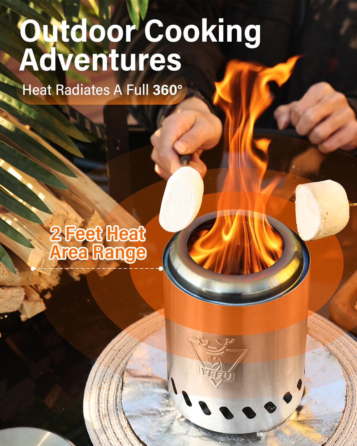 YEFU in use toasting marshmallows demonstrating cozy outdoor ambiance and warmth