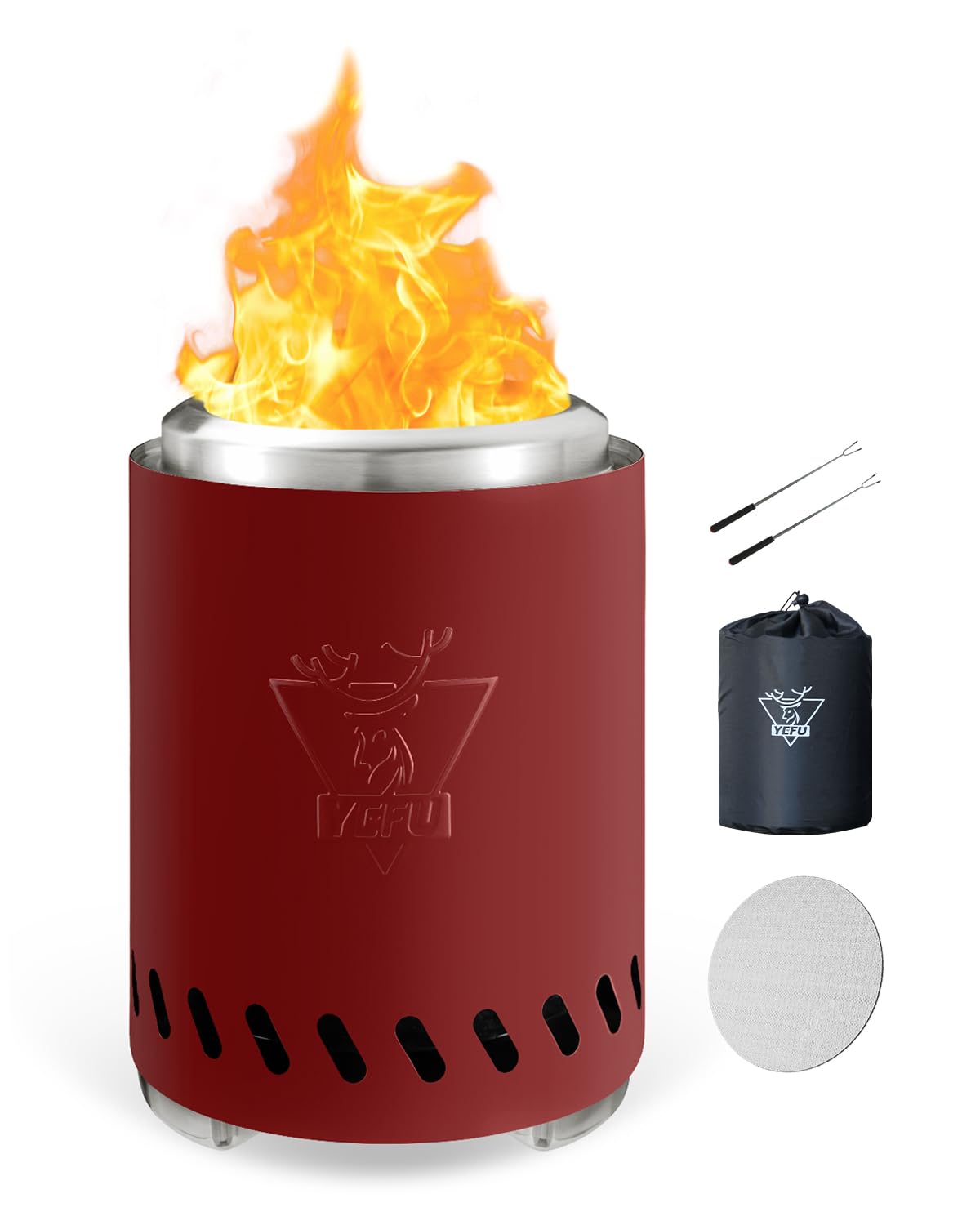 YEFU front view showing compact red fire pit and stable stand for safe warmth