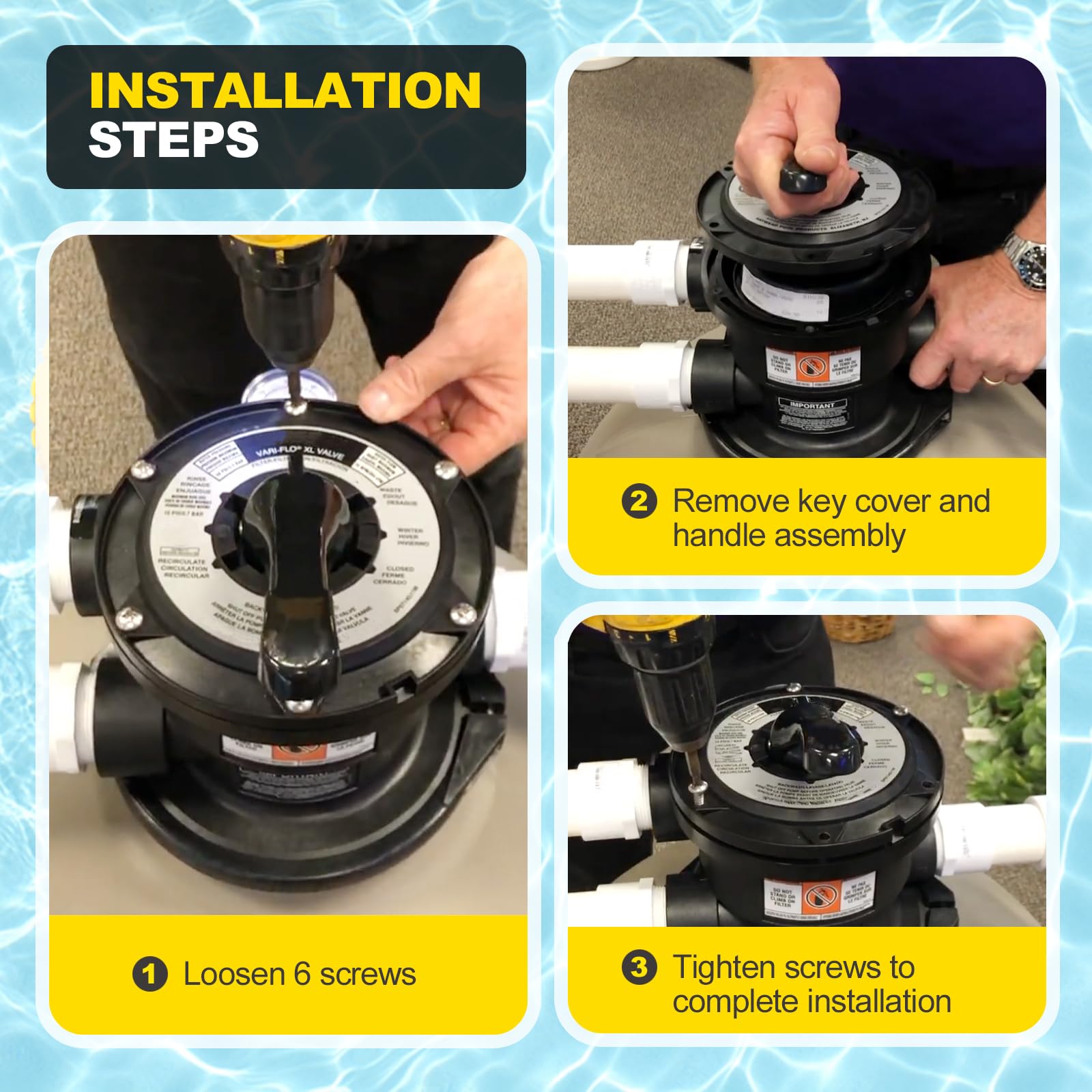 YEHERIT handle visible on pool pump valve in backyard setting for ease